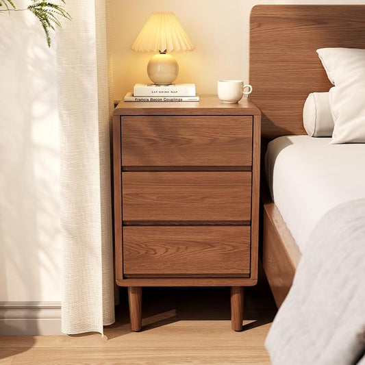 Tall Nightstand Walnut Night Stand with 3 Drawers Mid Century Modern Nightstand with Storage,Solid Wood Night Stand,Small Bedside Table for Bedroom,Living Room,Office,Walnut Bedside Table