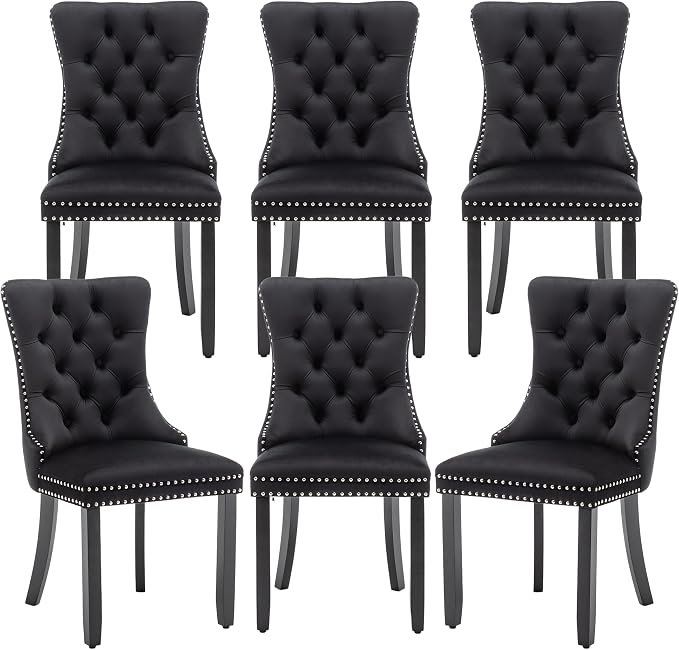Mid Century Modern Dining Chair Set of 6 Velvet Upholstered Dining Accent Chair Farmhouse Dining Chairs with High Back and Nailhead Trim for Kitchen, Living Room, Bedroom (Black)