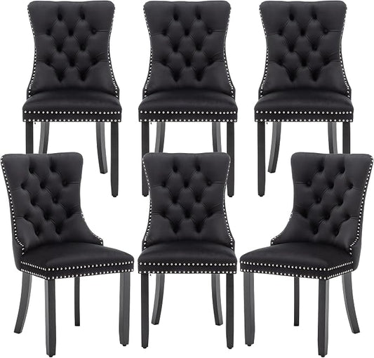 Mid Century Modern Dining Chair Set of 6 Velvet Upholstered Dining Accent Chair Farmhouse Dining Chairs with High Back and Nailhead Trim for Kitchen, Living Room, Bedroom (Black)