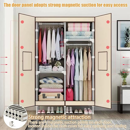 Portable Closet Clothes Organizer 34in Simple Non-Woven Fabric Wardrobe Closet Multi-Functional Clothes Storage Cabinet with Cover and Clothes Hanging Rod-Gray