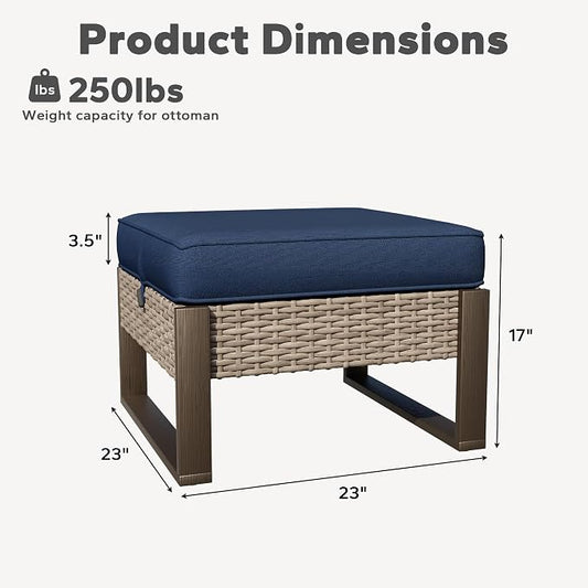 Joyside Outdoor Patio, All-Weather PE Rattan Ottomans Footstools with Removable Cushions & Anti-Rust Wood-Looking Legs for Garden, Backyard, Porch, Deck (Blue)