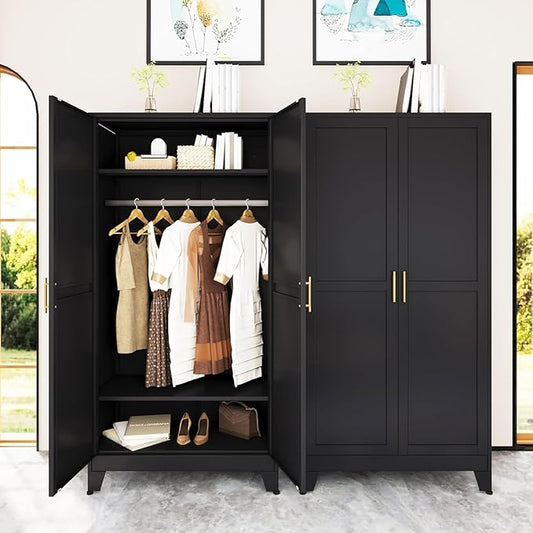 erosoei 71 "Metal Armoire Wardrobe Closet, Steel Clothing Storage Cabinet with Adjustable Shelves and Hanging Rod, Household Steel Wardrobe Storage Cabinet with Adjustable Standing feet（Black）
