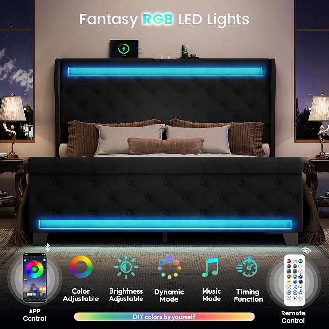 Belffin Queen Size Bed Frame with Headboard,50" Tall Headboard Upholstered Velvet Platform Bed with LED Lights & 2 USB Port/1 Type C Port, Button Tufted, No Box Spring Needed,Noise Free,Black