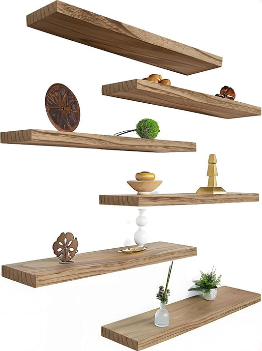 YYWUOJJ Wood Floating Shelves for Wall Decor, Rustic Wall Shelves for Bedroom Bathroom Kitchen Living Room, Set of 6 Light Walnut