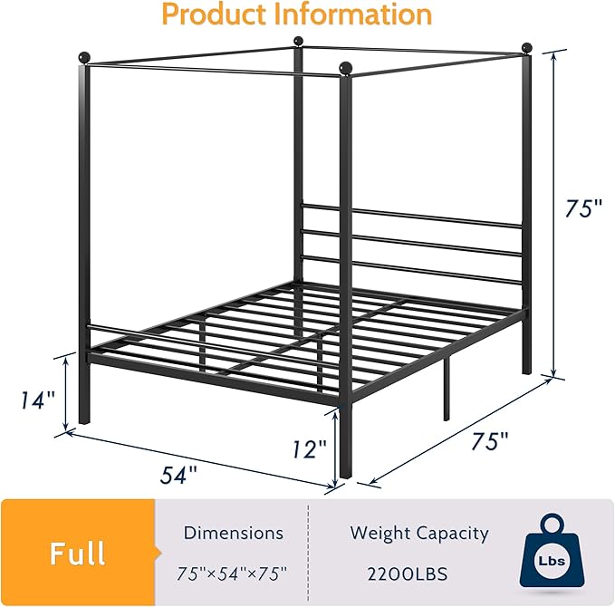 Lutown-Teen Full Canopy Bed Frame, Four Poster Metal Full Size Canopy Bed Frame, Heavy Duty Mattress Foundation with Underbed Storage, No Box Spring Needed, Easy Assembly, Black