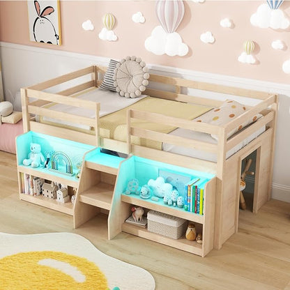Giantex Low Loft Bed with LED Lights, Wooden Twin Loft Bed with Stairs & Safety Guardrail, Loft Bed Twin Size with Storage Bookcase and Under-Bed Play Space, Loft Bed for Kids (Natural)