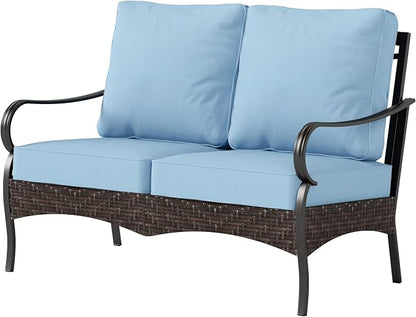 PHI VILLA Wicker & Metal Outdoor 2-Seat Patio Couch,Patio Sofa Loveseat with Deep Seating for Front Porch, Deck, Balcony, Backyard, Sunroom,Blue