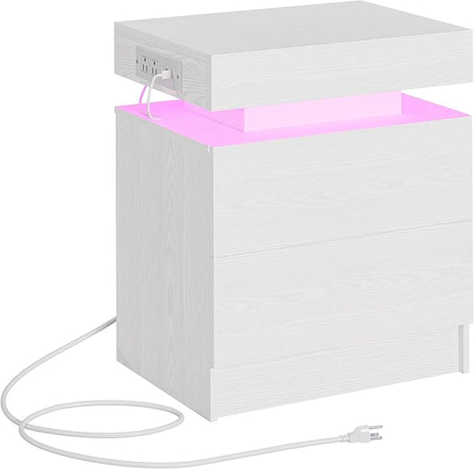 LIKIMIO Nightstand with Charging Station LED Light and 2 Drawers White | bedside table; end table; charging station; LED light; 2 drawers; White wood grain; small spaces
