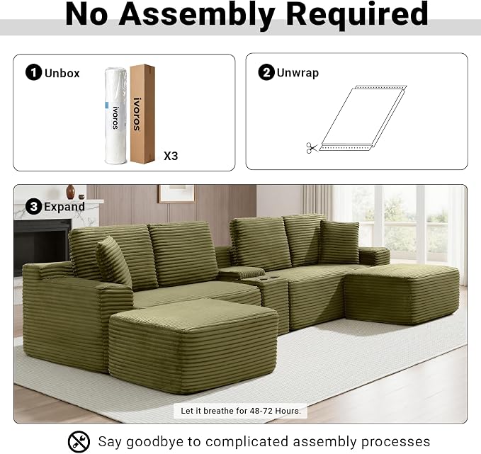 ivoros 150 Inch Modular Sectional Sofa Couch, Oversized Modern Cloud Couch for Living Room, U Shape Couches with 2 Ottomans, USB Ports and Cup Holders, Green Corduroy Boneless Sofas, Sofa in a Box