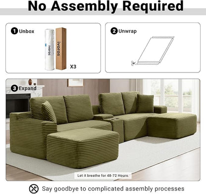 ivoros 150 Inch Modular Sectional Sofa Couch, Oversized Modern Cloud Couch for Living Room, U Shape Couches with 2 Ottomans, USB Ports and Cup Holders, Green Corduroy Boneless Sofas, Sofa in a Box