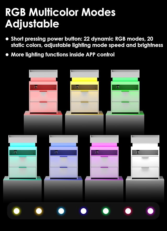 White Nightstand with Charging Station, Hidden Sliding Top Compartment with USB-C, 2 USB Ports & 2 Outlets, Modern Night Stand with Drawers for Bedroom