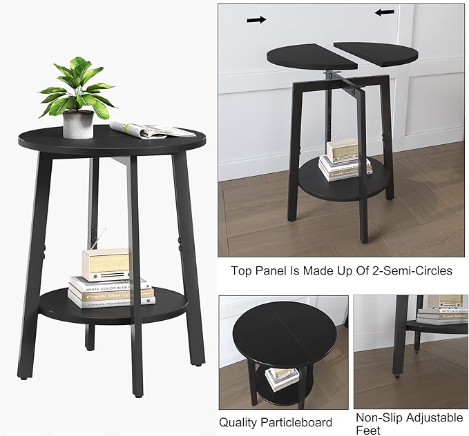 sthmec Side Table Set of 2, Small Round End Table with Storage Shelf for Small Space, 2-Tier Black Bedside Table Sofa Couch Table, Nighstands Set of 2 Accent Table for Living Room, Bedroom, Black