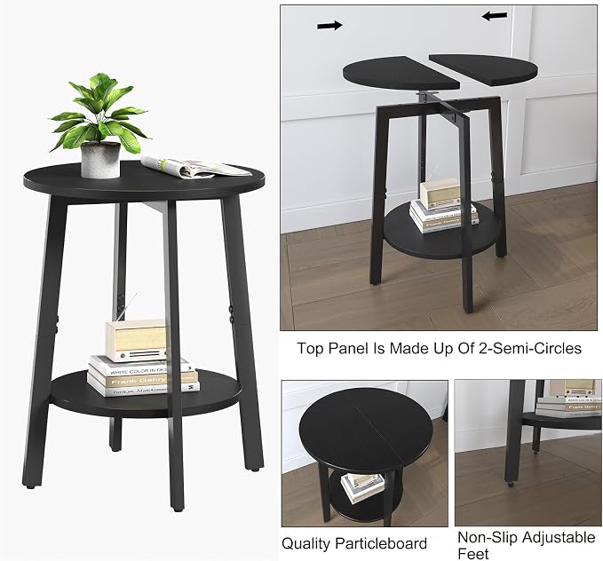 sthmec Side Table, Small Round End Table with Storage Shelf for Small Space, 2-Tier Black Bedside Table Sofa Couch Table, Round Accent Table Nighstands for Living Room, Bedroom, Black