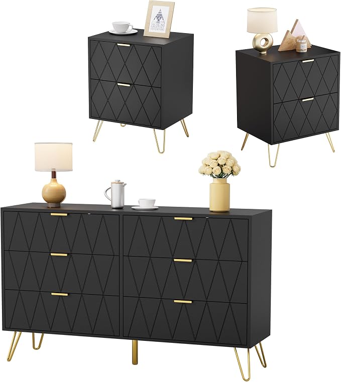Anbuy Bedroom Sets 3 Piece Black 6 Drawer Dresser and Night Stand Sets for Bedroom, Two Drawers Nightstand Set of 2 & 6 Drawer Dresser Combo 3 Pieces (Black)