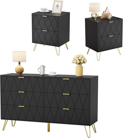 Anbuy Bedroom Sets 3 Piece Black 6 Drawer Dresser and Night Stand Sets for Bedroom, Two Drawers Nightstand Set of 2 & 6 Drawer Dresser Combo 3 Pieces (Black)