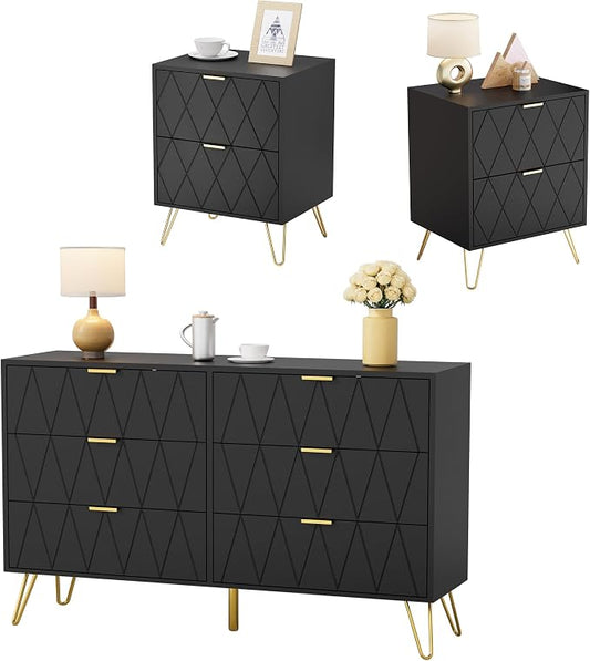 Anbuy Bedroom Sets 3 Piece Black 6 Drawer Dresser and Night Stand Sets for Bedroom, Two Drawers Nightstand Set of 2 & 6 Drawer Dresser Combo 3 Pieces (Black)