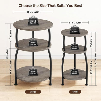 Round Side Table, 3-Tier End Table with Storage Shelf, 15.7" Wide Nightstand for Small Spaces, Tall Sofa Table Capable of Holding Laptops & Lamps, Bedside Table for Bedroom & Living Room, Grey