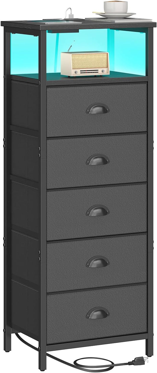 sthmec Nightstand with Charging Station,LED Black Nightstands with 5 Fabric Drawers PU Finish, Bedside End Tables, 2-Tier Open Storage Shelf Side Table Nightstand with Drawers for Bedroom, Black
