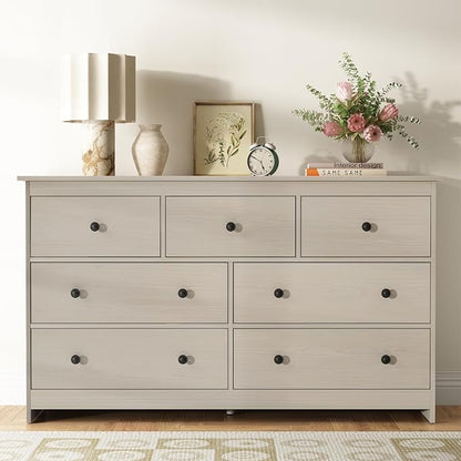 CARPETNAL Dresser for Bedroom, 7 Drawer Dresser 55” Wide Wood Chest of Drawers with Metal Handles, TV Stand, Furniture Storage Dressers Organizer for Living Room, Hallway, Entryway (Walnut)