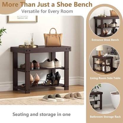 Sweetcrispy 3-Tier Shoe Rack Bench for Entryway, 19 Inches, Brown | Bamboo Shoe Storage Bench, Shoes Rack for Entrance, Living Room, Balcony, 4 Pairs, 286lb Capacity