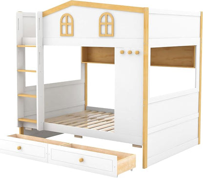 Merax Full Over Full Size House Bunk Bed with Storage Shelves & 2 Drawers, Solid Wood Space-Saving Loft Bed Frame with Safety Guardrails for Bedroom, White+Natural