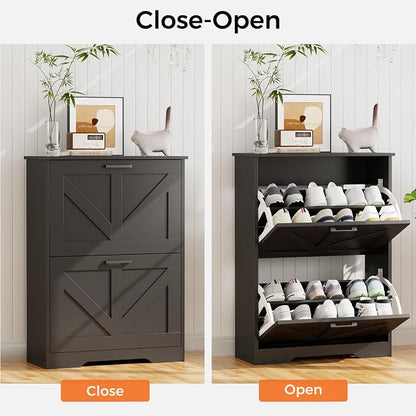 Homleke Farmhouse Shoe Cabinet for Entryway with 2 Barn-Style Flip Drawers, Narrow Shoe Storage Organizer with Top Display Shelf, Adjustable Shelves, Shoe Rack for Hallway, Closet- (Black, 24" Wide)