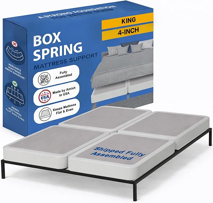 Greaton, Box Spring Bed Base King Size, 4-Inch Wood Mattress Foundation – Amish Made in USA – Quiet Noise Free, 4-Pieces Under Mattress-Support BoxSpring, Fully Assembled, White