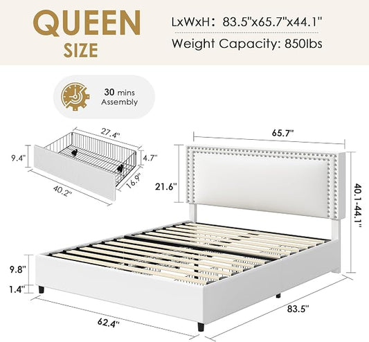 VECELO Queen Size Upholstered Bed Frame with 4 Storage Drawers, Adjustable Velvet Rivet Decor Headboard, Wooden Slats Platform Support, No Box Spring Needed, Easy Assembly,White