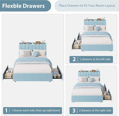 Garvee LED Full Size Bed Frame with Storage Headboard, Kids Bed Frame with 2 Drawers, Boucle Upholstered Platform Bed for Girls, Chic Wavy Headboard with Bookcase, No Box Spring Needed, Blue