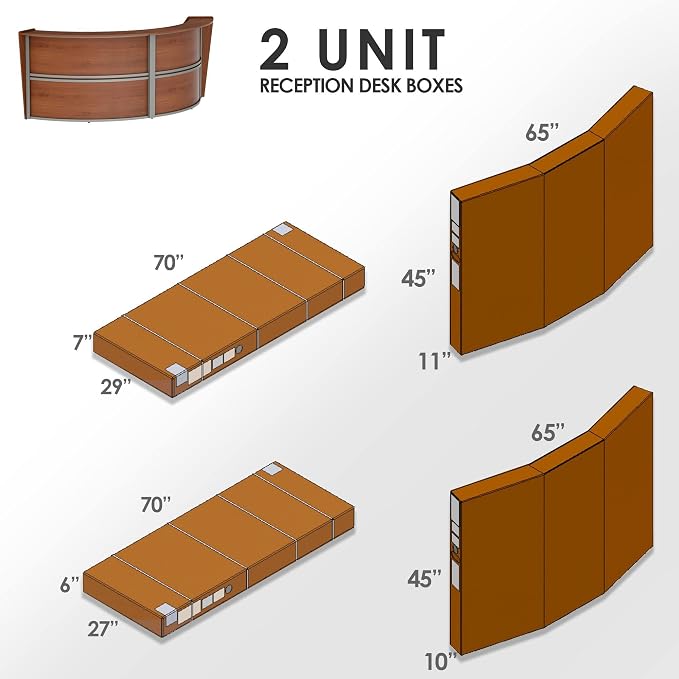 Linea Italia Curved Modern Office Desk Easy to Assembly 2 Panel Reception Counter for Lobby, Salon, 124" x 49", Cherry