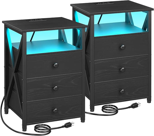 AMHANCIBLE Nightstands Set of 2, LED Night Stand with Charging Station, End Side Tables with USB Port & Outlet, Bedside Table with Fabric Drawers for Bedroom, Black, HET053LBK