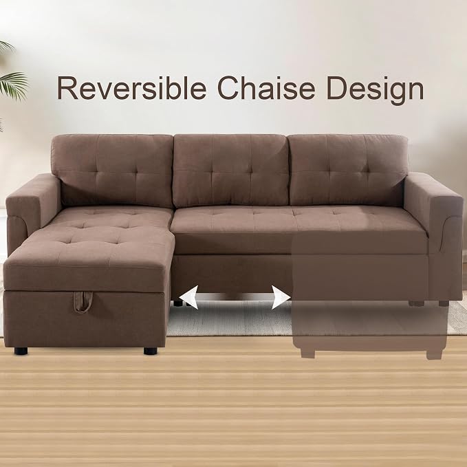 Naomi Home 84" L-Shaped Sectional Sleeper Sofa with Pull Out Bed | Sleeps Guests Comfortably, Stores Essentials in Chaise & Saves Space, Velvet, Mocha Convertible Sofa Bed