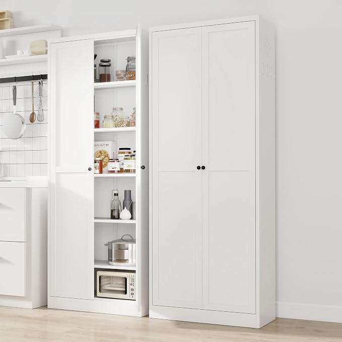 Kitchen Pantry Cabinet, 72" Tall White Metal Storage Cabinet, Kitchen Storage with 2 Doors and 5 Adjustable Shelves, Freestanding Cupboard for Living, Dining Room and Bathroom,Assemble Required