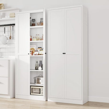Kitchen Pantry Cabinet, 72" Tall White Metal Storage Cabinet, Kitchen Storage with 2 Doors and 5 Adjustable Shelves, Freestanding Cupboard for Living, Dining Room and Bathroom,Assemble Required