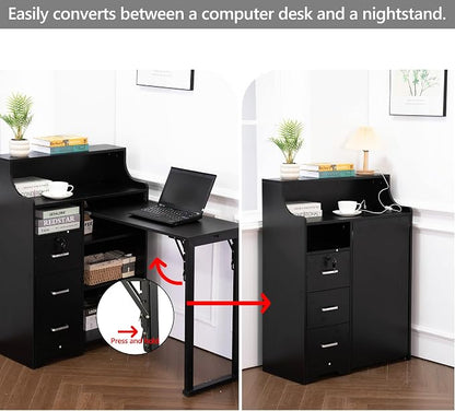 Folding Desk with Storage,Hidden Desk with Lockable Drawers & Shelves, Built-in Power Outlet,Fold Out Desk for Study and Home Office