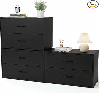 PrimeZone 2 Wood Drawer for Closet Storage: Black Stackable Short Closet Dresser for Clothes Organizer - Modular Chest Cabinet for Closet Bedroom Dorm Wardrobe Nursery, 3 Packs
