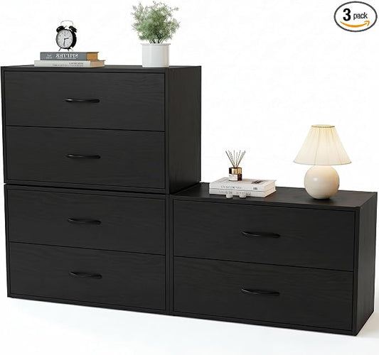PrimeZone 2 Wood Drawer for Closet Storage: Black Stackable Short Closet Dresser for Clothes Organizer - Modular Chest Cabinet for Closet Bedroom Dorm Wardrobe Nursery, 3 Packs