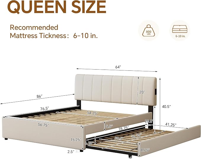 Queen Size Upholstered Platform Bed with Pull-Out Trundle Bed | Twin Size Trundle, LED Lighting Controlled by APP, USB+Type-C Charging Ports, Chenille Upholstered Bed Frame,Beige