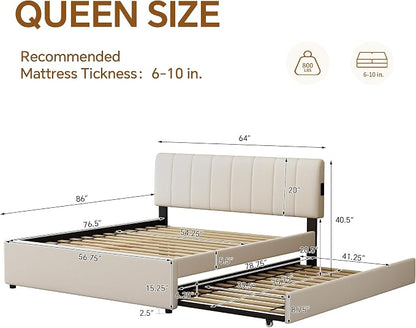 Queen Size Upholstered Platform Bed with Pull-Out Trundle Bed | Twin Size Trundle, LED Lighting Controlled by APP, USB+Type-C Charging Ports, Chenille Upholstered Bed Frame,Beige