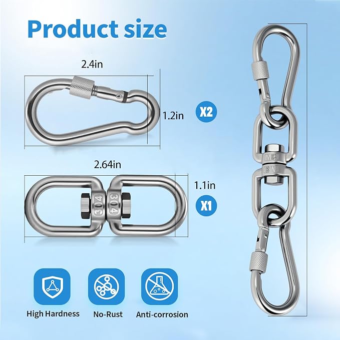 Aheucndg Heavy Duty Swivel Ring Double Ended Swivel Eye Hook, 304 Stainless Steel 1Pack Swivel Hooks + 2Pack Snap Hook, Easy Installation for Hanging Chair, Hammock, Boxing Bag, Gym M6