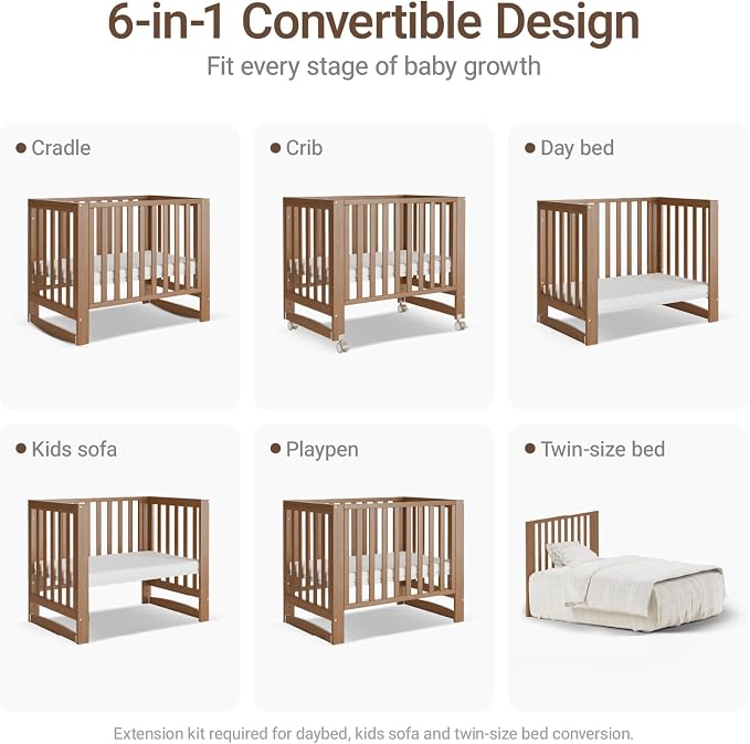 MAMAZING EvoNest 6-in-1 Convertible Baby Mini Crib with Wheels, GREENGUARD Gold Certified, 4 Adjustable Mattress Heights, 100% New Zealand Pine Wood, Portable Crib for Small Spaces, Walnut Brown