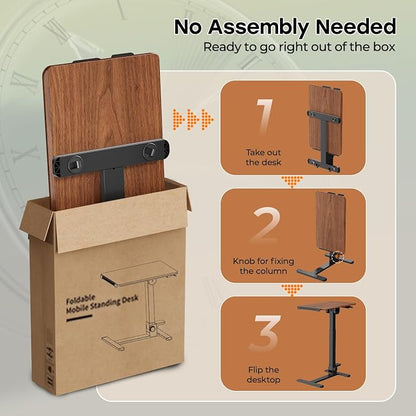 Foldable Mobile Standing Desk, 27 Inch Small Rolling Laptop Cart Height Adjustment, 90° Tiltable Bedside Table, No Assembly Needed Portable Computer Workstation, Dark Wood