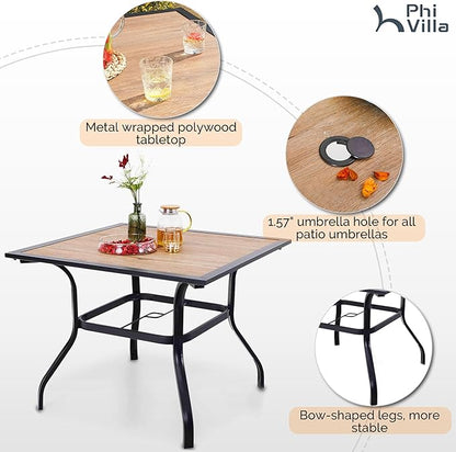 PHI VILLA 5 Piece Outdoor Dining Set for 4, 37" Square Metal Table with Polywood Top & Stacking Wrought Iron Chairs, Outside Furniture for Patio, Deck, Yard, Porch