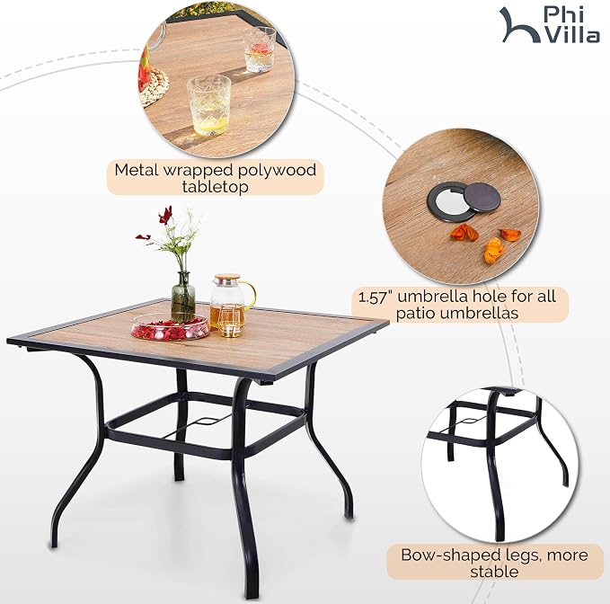 PHI VILLA 5 Pieces Outdoor Dining Set for 4, 37" Square Metal Table with Polywood Top & Stackable Wrought Iron Chairs, Outside Furniture for Patio, Deck, Porch, Backyard
