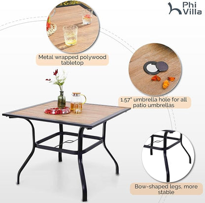 PHI VILLA 5 Pieces Outdoor Dining Set for 4, 37" Square Metal Table with Polywood Top & Stackable Wrought Iron Chairs, Outside Furniture for Patio, Deck, Porch, Backyard