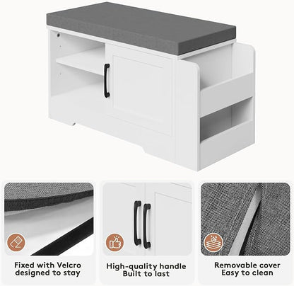 GRUSIGN 27.8" Shoe Storage Bench with Cushion, Entryway Shoe Cabinet, White | 3-in-1 Shoe Storage Bench, Adjustable Shelves, Removable Cushion, 300 lbs Capacity, Entryway, Apartment, Families