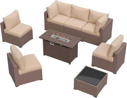 Aoxun 8 Piece Patio Furniture Set with 44” Fire Pit Table, Wicker Rattan Patio Sectional Sofa, Outdoor Furniture Set with Thickened Cushion, Brown