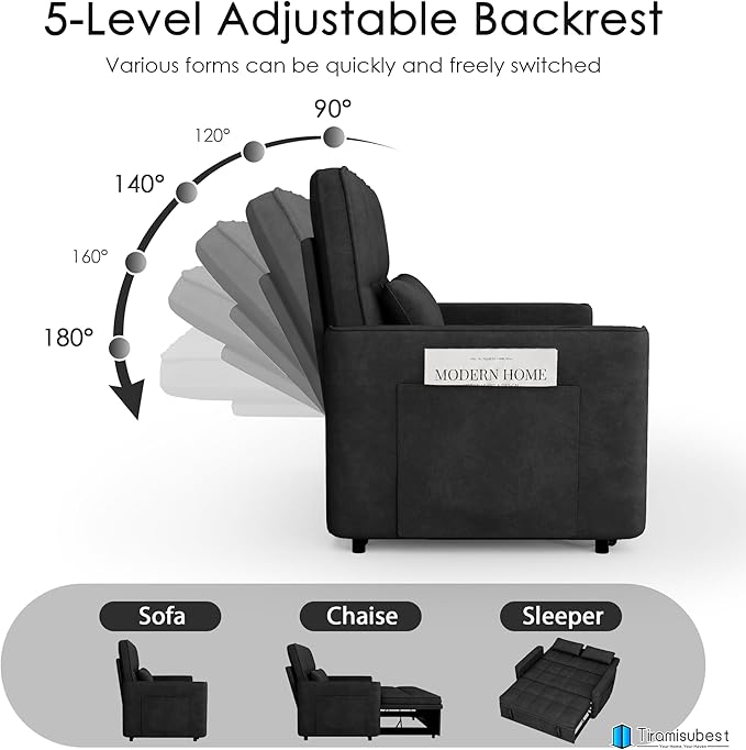 54'' Sleeper Sofa Bed, Convertible Pull Out Couch Futon for for Living Room,Apartment (Black, Loveseat) Side Pockets, Velvet Fabric, Adjustable Backrest, Pull-Out Bed, Easy Assembly
