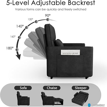 54'' Sleeper Sofa Bed, Convertible Pull Out Couch Futon for for Living Room,Apartment (Black, Loveseat) Side Pockets, Velvet Fabric, Adjustable Backrest, Pull-Out Bed, Easy Assembly