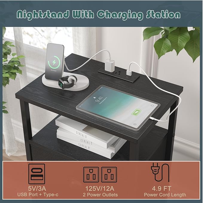 sthmec Nightstand with Charging Station,LED Black Nightstand with 4 Fabric Drawers PU Finish, Bedside End Tables, 2-Tier Open Storage Shelf Side Table Nightstand with Drawers for Bedroom,Black